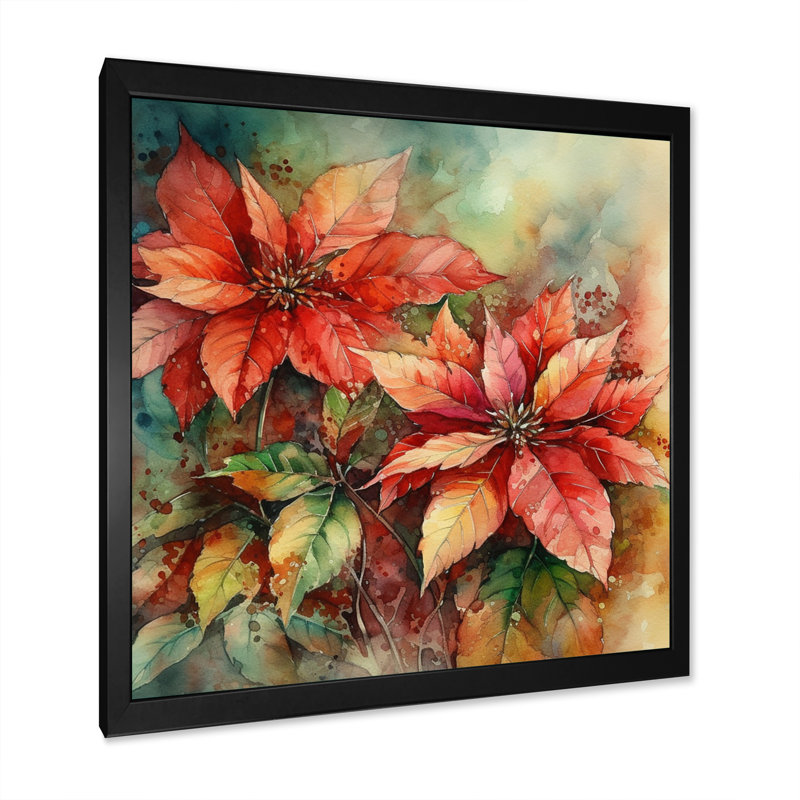 Red Blossoming Poinsettias II, reproduction d'art sur toile, H 16 po x l 16 po x P 1 po, Cadre photo noir