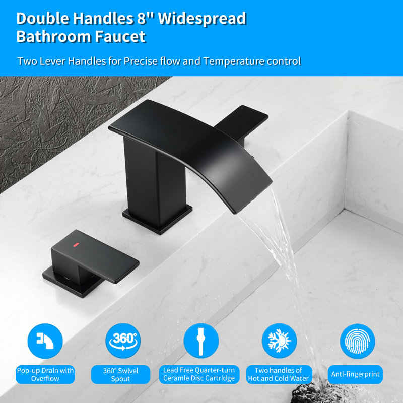 Waterfall 8 In. Widespread Double-Handle Bathroom Faucet Set 3-Holes Vanity Sink With Metal Drain, Matte Black