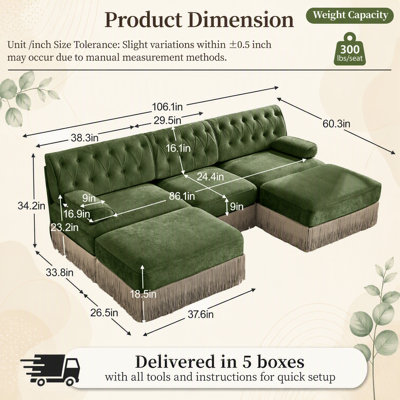 U Shaped Breathable Comfort Velvet Fabric Style Sofa with Tassel Fringe and Modular Design for Living Rooms and Bedrooms