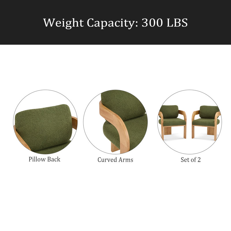 Ensemble de 2 chaises de salle à manger avec dossier coussiné, Naturel, Vert bouclé