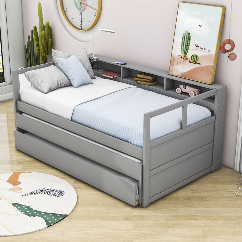 Palantoni Twin Size Wood Daybed with 2 Trundles and Slats, Gray