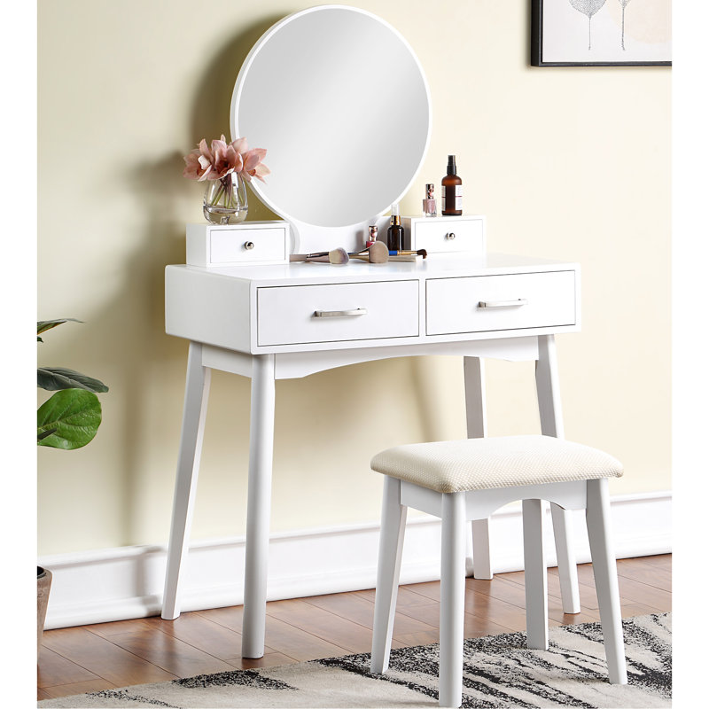 Vanity And Stool In White - Contemporary Look, Metal Drawer Pull, 15.75"D Table Top, 30.24"H Design, Solid Rubberwood Frame, 19.68" Mirror Diameter,