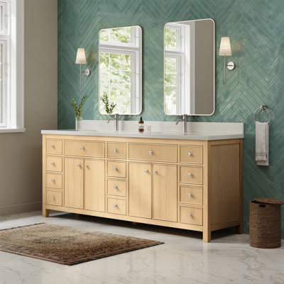 Rian 84 Inch Double Bathroom Vanity in Scandinavian Oak, White Quartz Countertop, Undermount Square Sinks (1-Hole), Brushed Nickel Trim