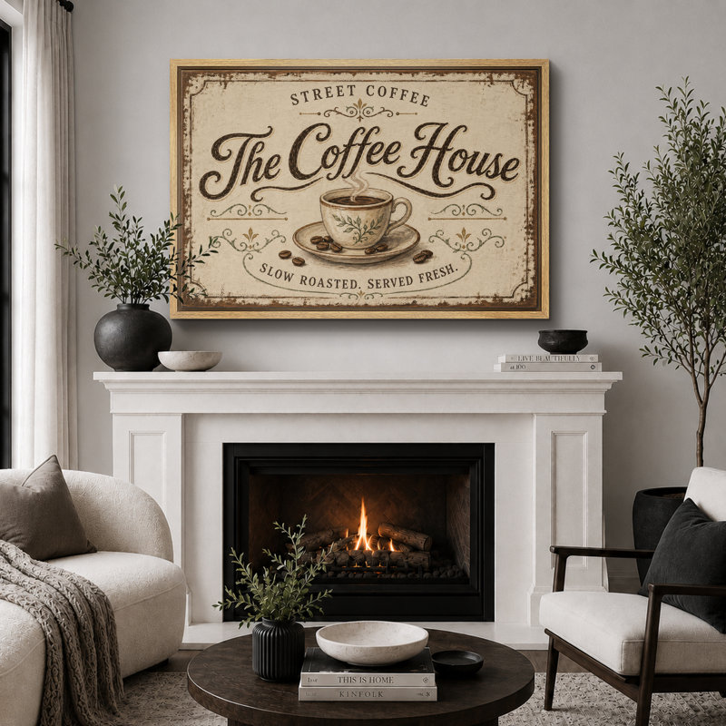 «Street Coffee The Coffee House», impression sur toile rétro, H 24 po x l 36 po x P 1,5 po, Cadre naturel