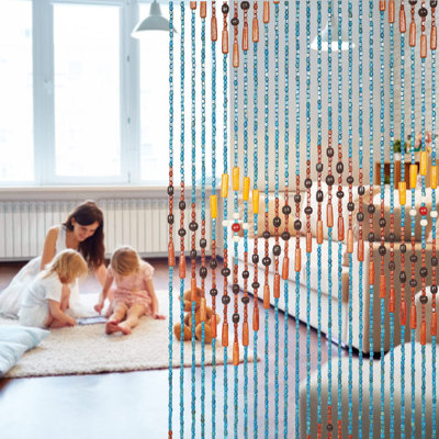 Boho Bamboo Beaded Curtain 35.5 X 75 Inches 52 Strands Handmade Hanging Wooden Door Beads Hippie Curtains Room Divider For Doorway Window Home Decor, Blue