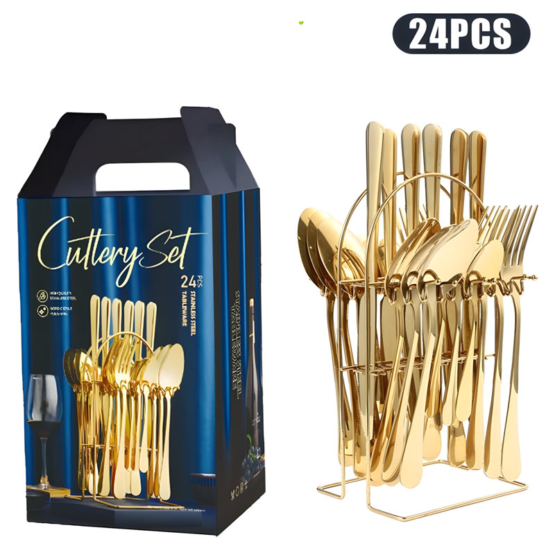 24-Piece Stainless Steel Cutlery Set With Knife Fork Spoon, Durable Kitchen Utensils, Elegant Tableware For Dining, Includes Storage Stand, Perfect For Everyday Use And Gifting