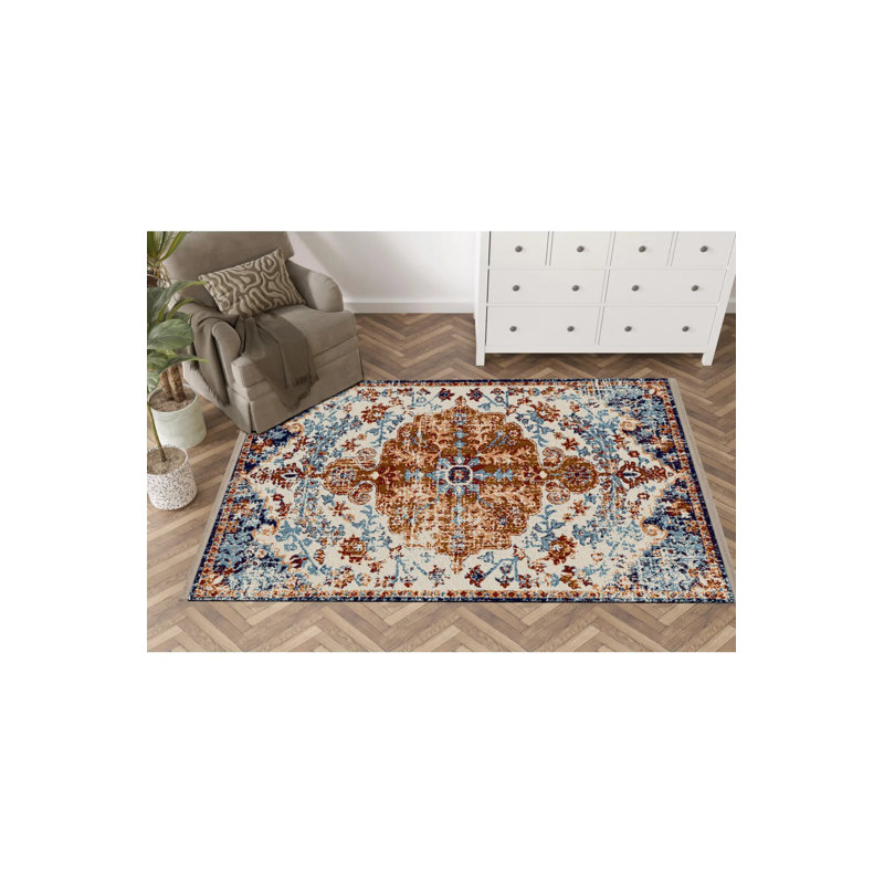Tapis décoratif bleu à motif traditionnel, Rectangle 3 pi 11,24 po x 5 pi 10,87 po