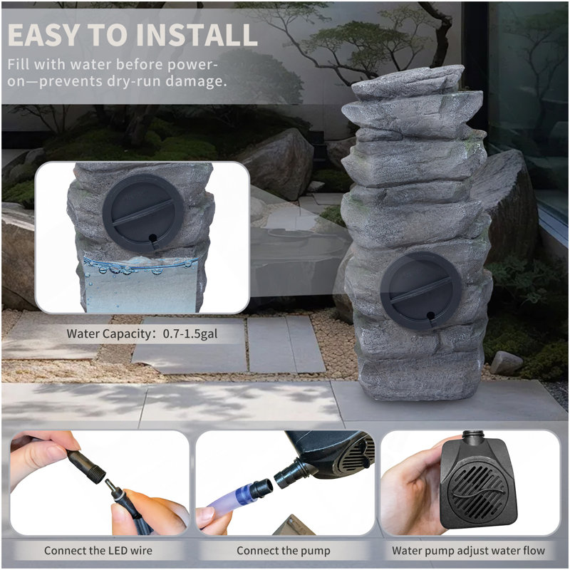 Rock Waterfall Outdoor Fountain With LED Lights Stone Garden Fountains Outdoor Décor For Patio Lawn Backyard Cascading Tiered Outdoor Water Fountain