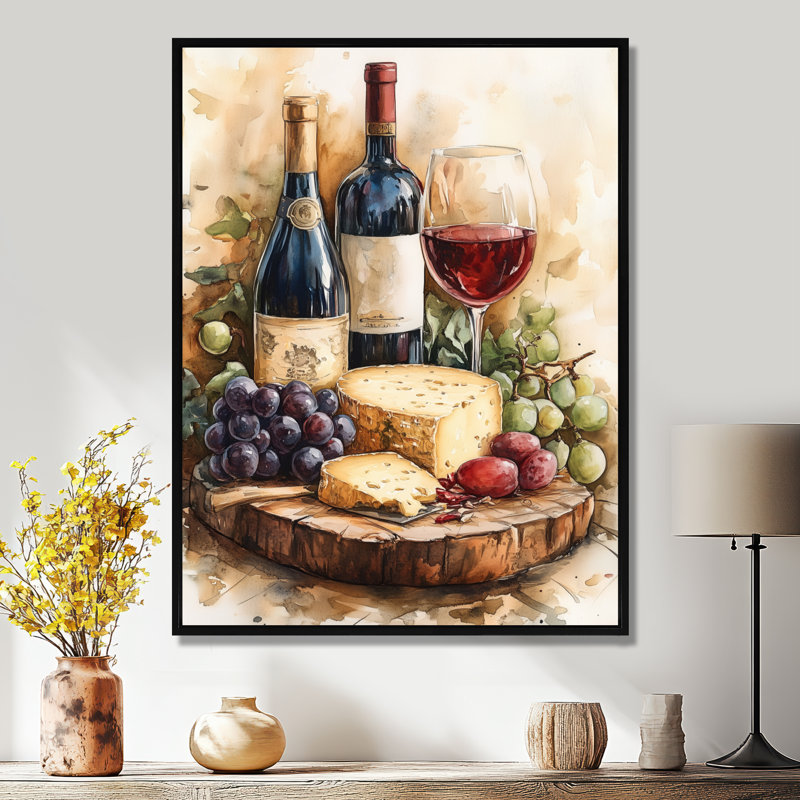 «Brown Wine and Cheese Gathering - Kitchen Still Life», reproduction d'art encadrée, H 32 po x l 24 po, Cadre flottant noir