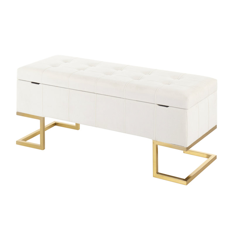 Banc de rangement contemporain en acier doré et velours blanc