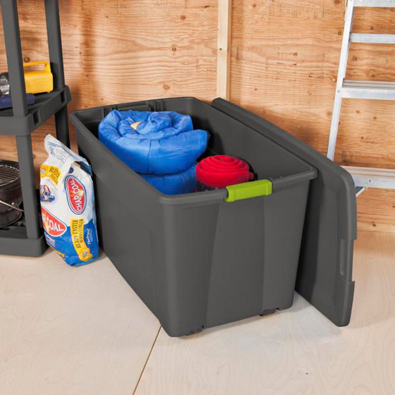 Sac de rangement en plastique empilable avec couvercle et roulettes, gris, Paquet de 12