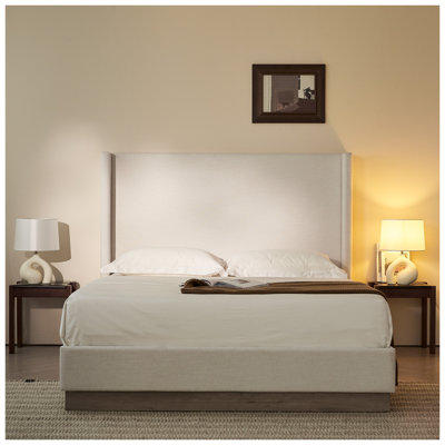 Très grand lit plateforme à oreilles tapissier Hosford California - toile ivoire texturée avec base en bois rustique, aucun sommier nécessaire