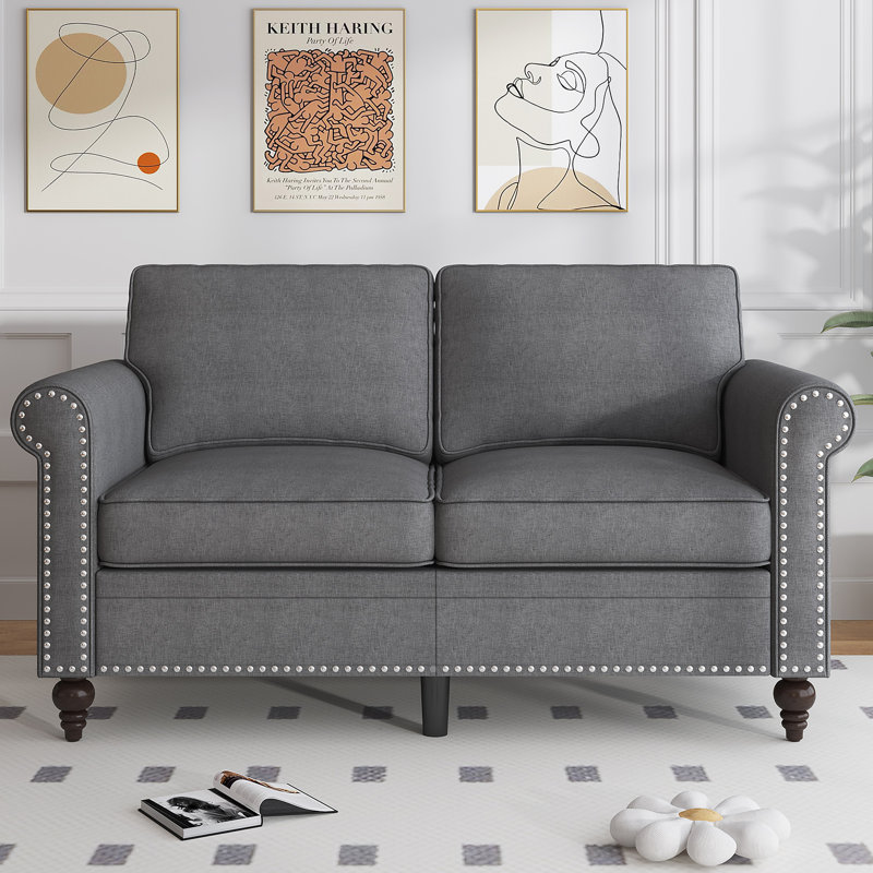 55" Linen Loveseat with Solid Wood Frame & Pocket Coil Springs, Dark Gray