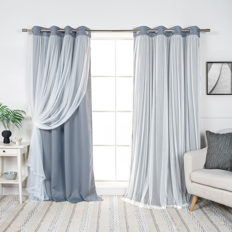 Fortuna Brockham Solid Tulle Overlay Room Darkening Grommet Curtain Panels, Mingreen, 52" W x 96" L