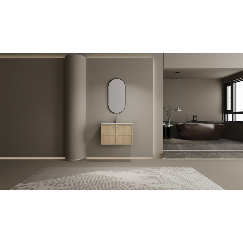Lavabo de salle de bain mural en céramique 30 po, 2 portes à fermeture douce, chêne, contreplaqué