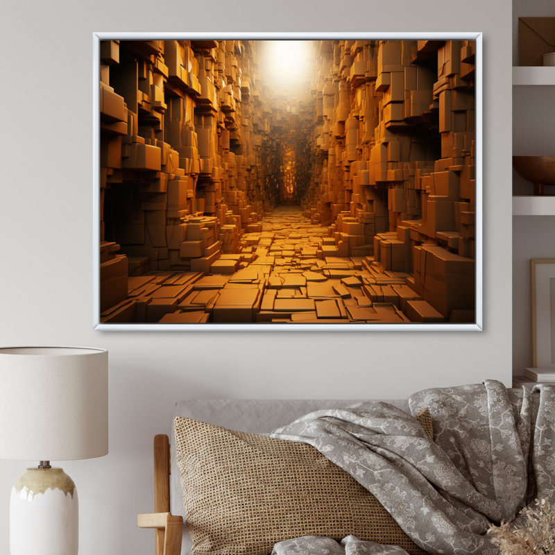 Tunnel géométrique jaune I sur toile, H 12 po x l 20 po x P 1 po, Cadre flottant blanc