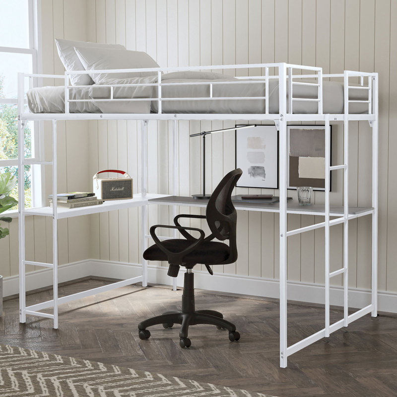 Lit mezzanine double en métal blanc contemporain avec deux échelles et bureau de rangement en dessous, structure d'installation simple, poste de travail