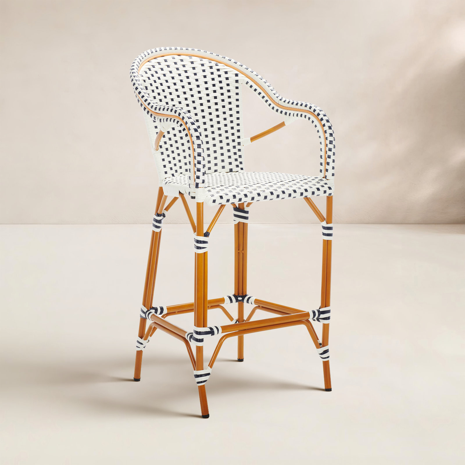Popplewell 46.5'' Aluminum Outdoor Bar Stool, White/Navy, 29.5" H x 22.5" W x 25.5" D