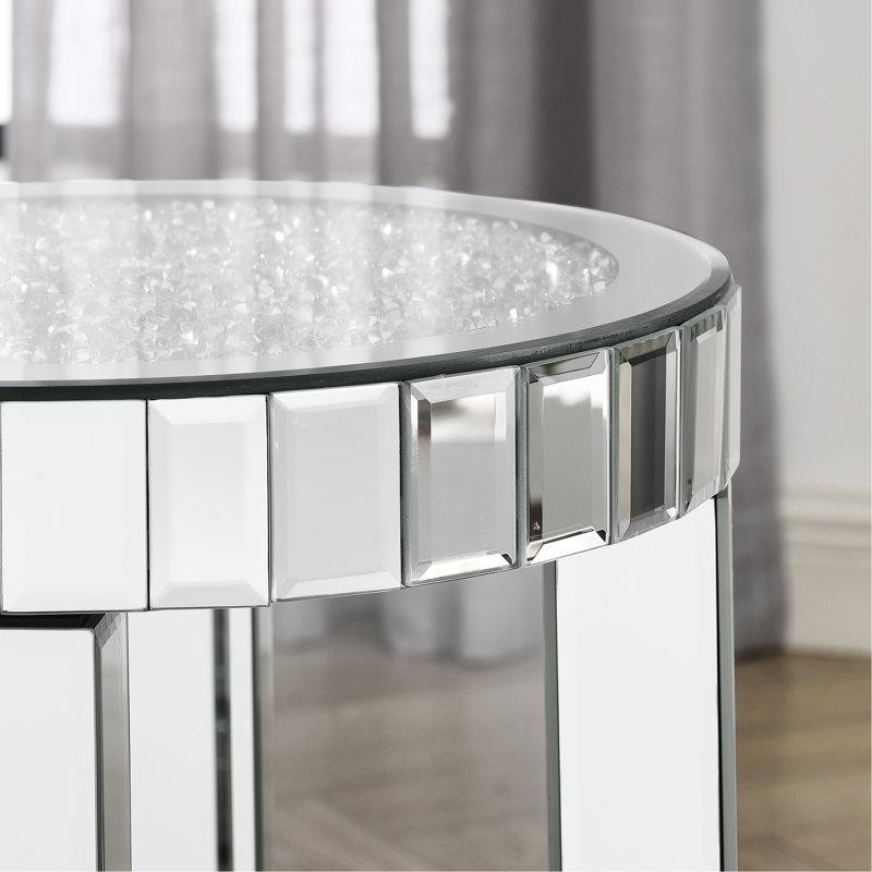 Table ronde à miroir argenté avec rangement à 2 couches - incrustation de cristal pour salon élégant, chambre à coucher côté café moderne