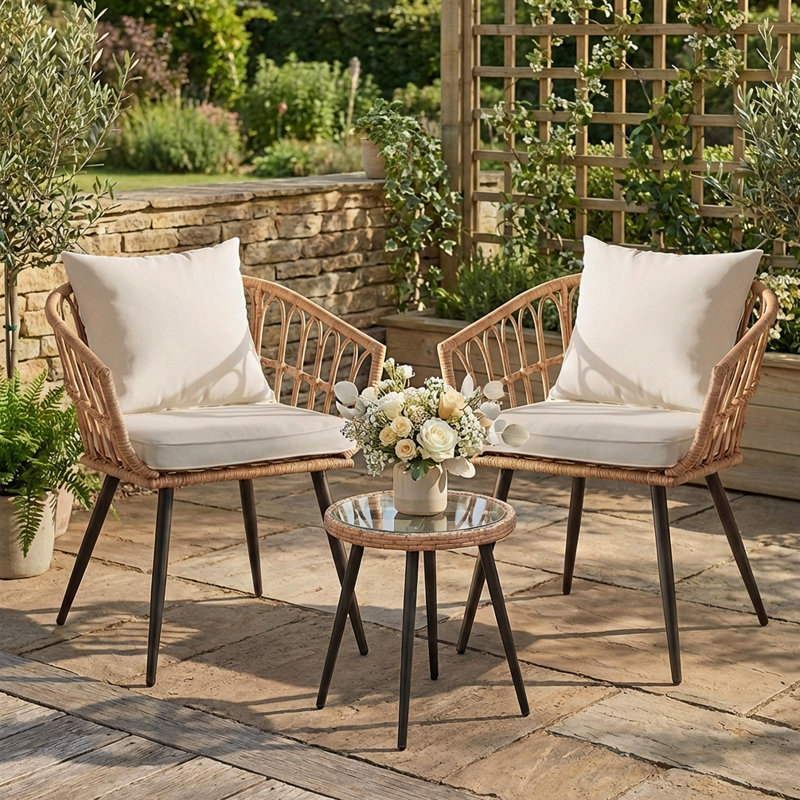 3-Piece Outdoor Patio Conversation Set with Cushions, Glass Top Side Table, and Powder-Coated Steel Frame, All-Weather Rattan, Ideal for Balcony & Backyard