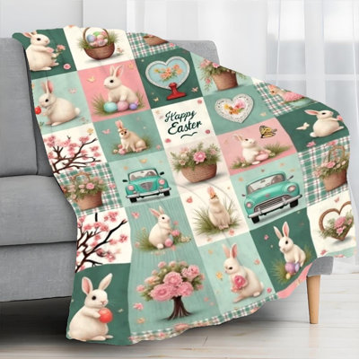 Easter Bunny Flannel Fleece Throw Blanket | Soft 280gsm Lightweight Polyester, Pastel Spring Floral Print with Rabbits & Chicks, Cozy All-Season Bedspread or Couch Cover Gift 50x60inch