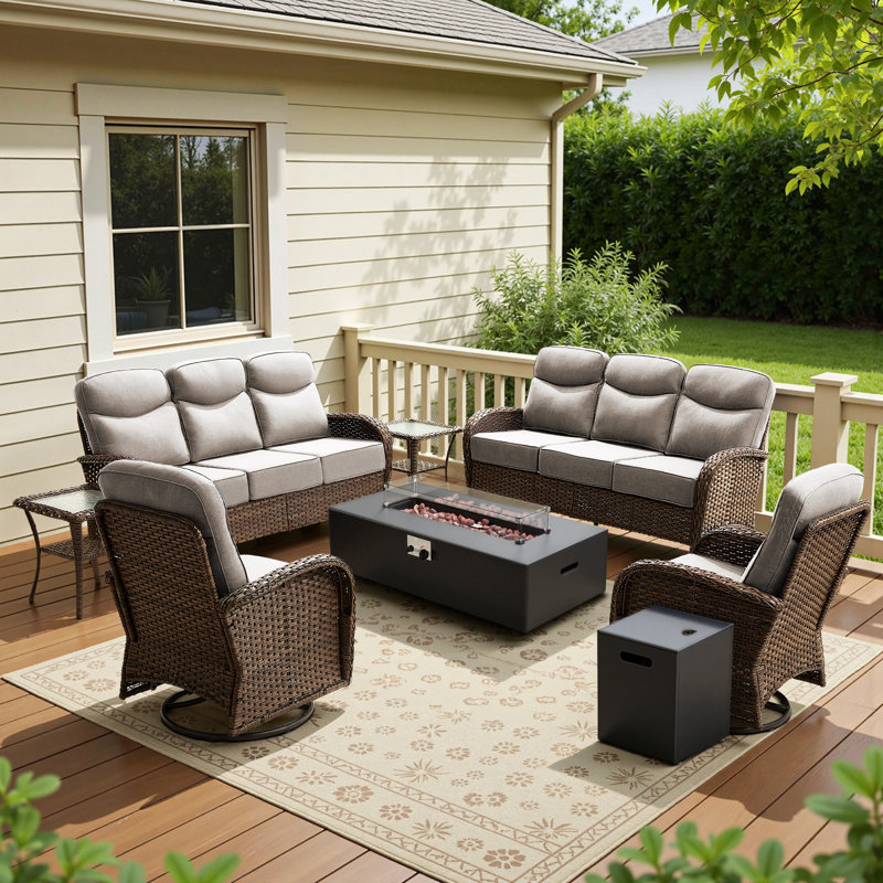 8 Person Outdoor Garden Nighttime Moments Family Sofa Conversation Set With Swivel Chairs And Split-Type Fire Pit, Beige