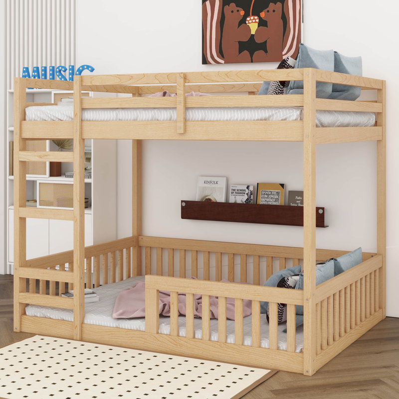Lit superposé double / double avec échelle, cadre de lit plateforme en bois massif pour enfants, barrières de sécurité, aucun sommier nécessaire