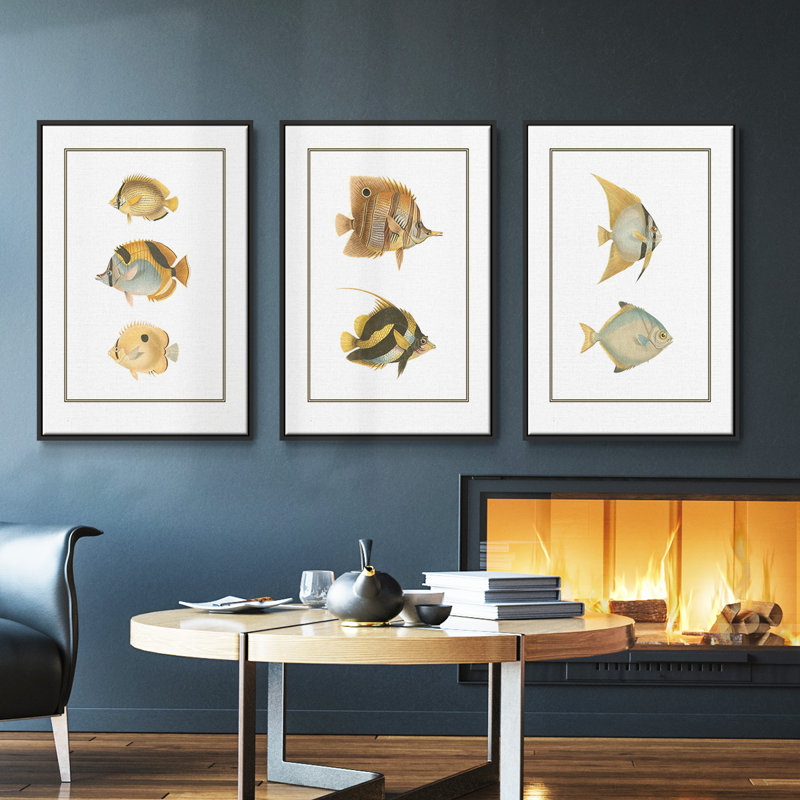 Ensemble de 3 pièces de poissons tropicaux antiques I encadrés sur toile, Noir, H 27 po x l 54 po