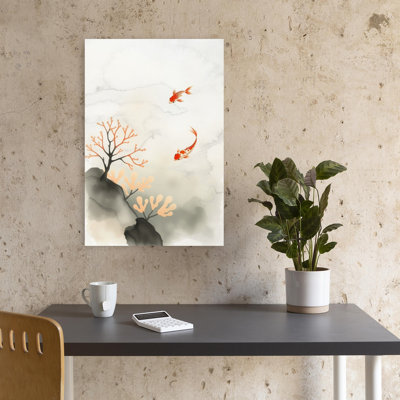 Tranquil Koi And Coral Abstract Delicate Elegant Fish Nature Wall Art Print 1 Piece Wrapped Canvas Wall Art