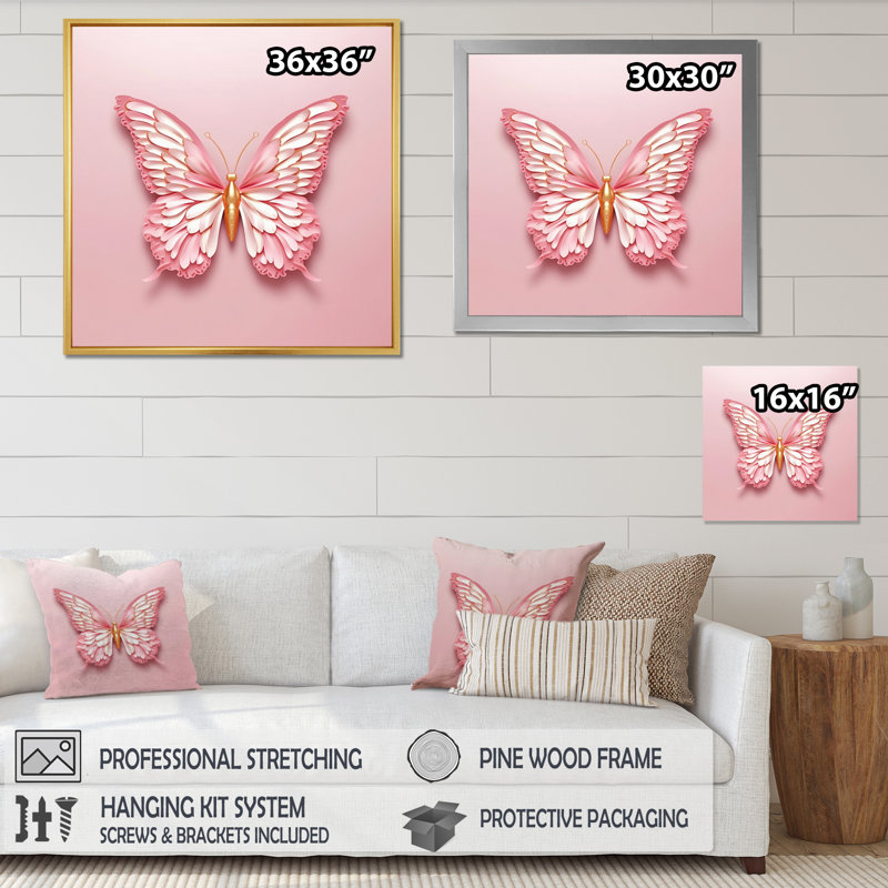 Décoration murale papillon rose et or III, H 24 po x l 24 po x P 1 po, Cadre flottant noir