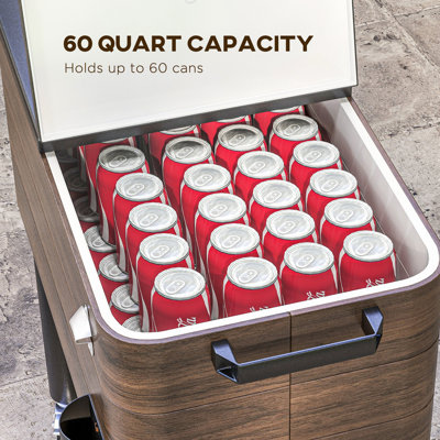 Glacière extérieure pour chariot 60 pintes - brun. Fabrication robuste avec roues verrouillables. Garde les boissons au frais pendant 36 heures. Ouvre-bouteille intégré et bouchon de drainage efficace