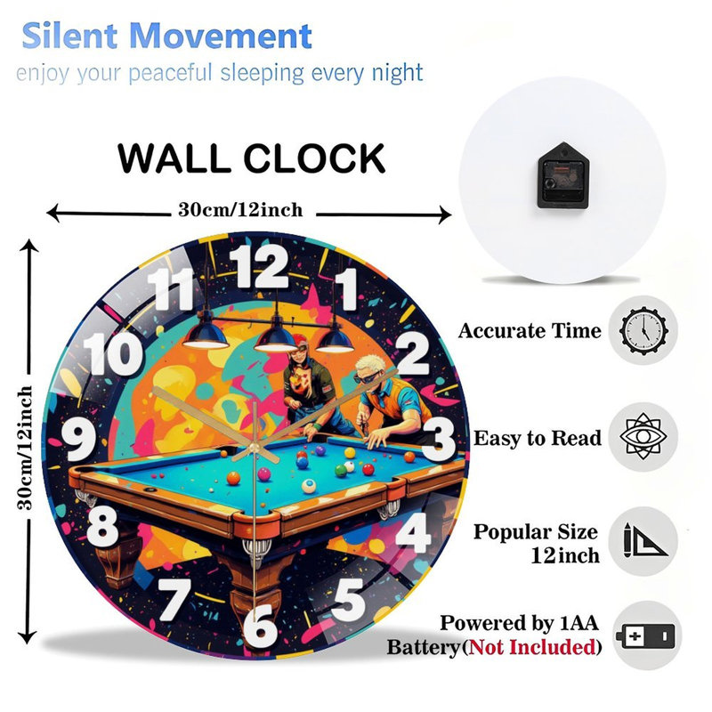 Horloge murale colorée pour table de billard 12 po