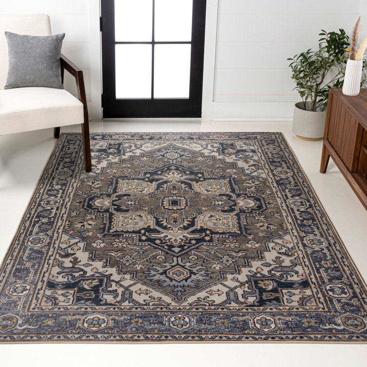 Sarok Ornate Large Medallion Machine-Washable Green/Navy/Cream Rug