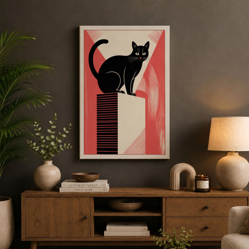 Cat on Geometry Mid-Century 1 Piece Wrapped Canvas Wall Art, 36x24 - 91.4 x 61.0 cm, Terracotta Border