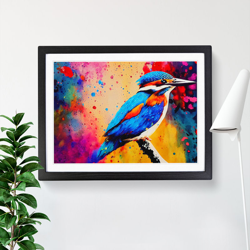 Kingfisher Bird Splashed Vol.1 Abstract - Single Picture Frame Painting, Black, 46cm H x 64cm W x 2cm D