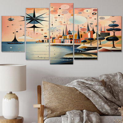 Vintage City In Retro Pastel Palette - Décoration murale paysage abstrait - 5 panneaux