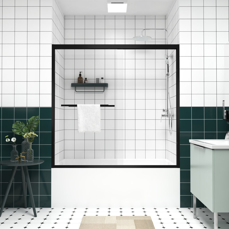 Porte de douche coulissante double en aluminium de 60 po de largeur, verre trempé de 6 mm de 1/4 po, poignée comme porte-serviette, pare-baignoire imperméable et design avec largeur réglable de 56 à 60 po, roulettes transparentes, angle de sécurité