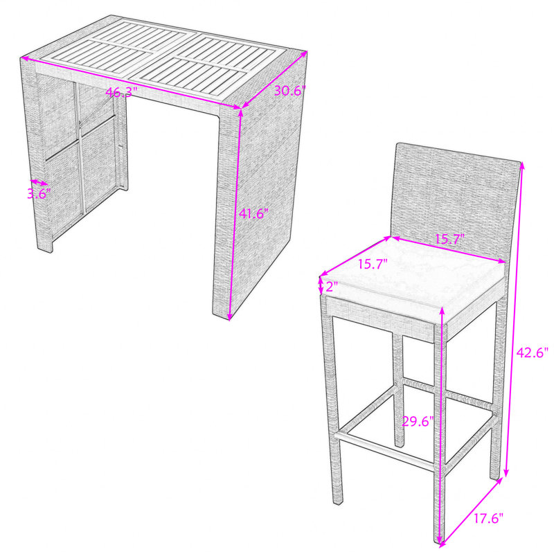 Outdoor 5Pcs PE Wicker Bar Set, Including 4 Bar Height Chairs with Cushions and Acacia Wood Table
