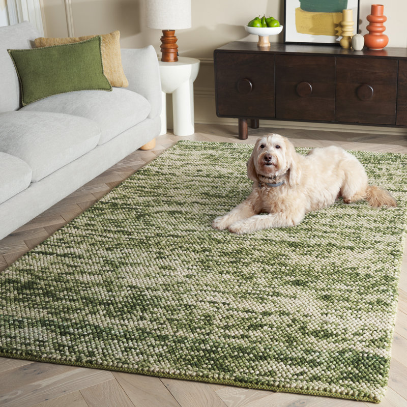 Natura 425 Handwoven Wool/Cotton/Polyester No Pattern Indoor Use Only Rug in Green/Ivory, Rectangle 5' x 8'