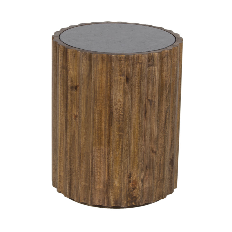 Table de bout ronde rustique avec plateau en pierre noire, base en bois massif cannelé, table d'appoint de style campagne moderne
