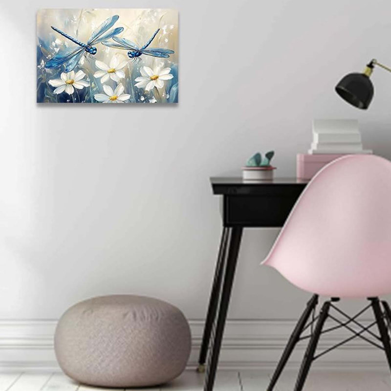 Dragonfly Pictures Wall Decor For Bathroom Rustic White Flower Canvas Prints Farmhouse Style Painting., 40 cm H x 60 cm W