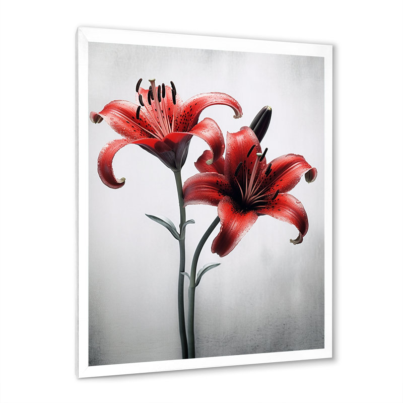 Pétales de lis rouges et gris sur toile, Cadre simple blanc, H 20 po x l 12 po x P 1 po
