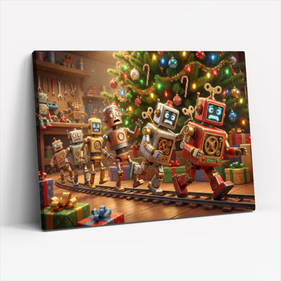 Ensemble de 1 tableau sur toile tendue représentant des robots de Noël sur une voie ferrée