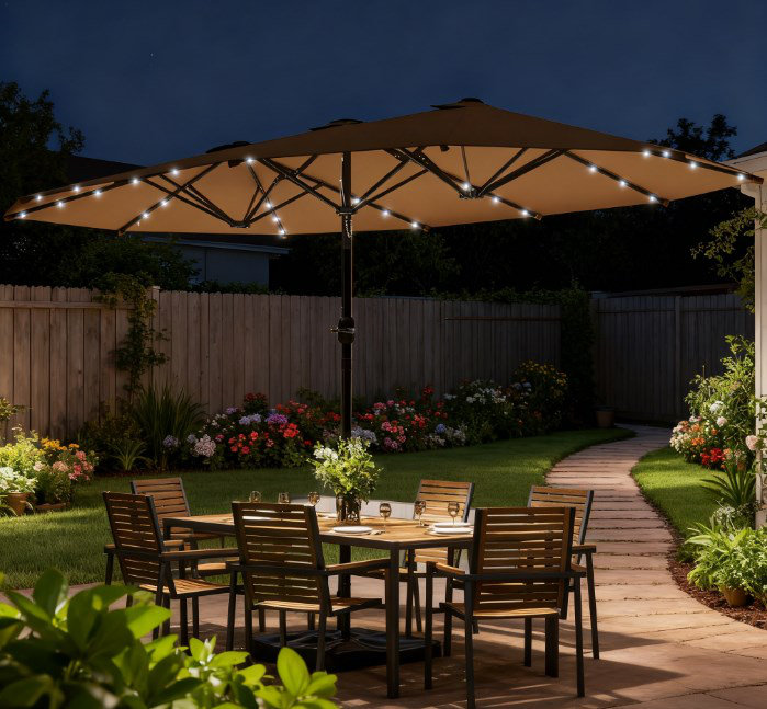 Parasol à double face, parasol à double face avec base, parasol de patio avec lumières solaires à DEL, Kaki