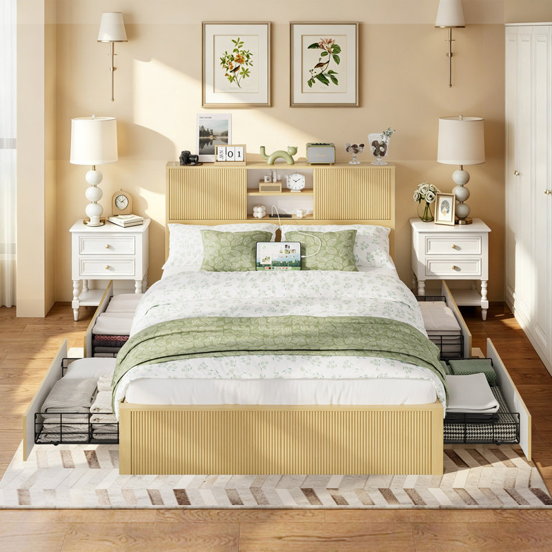 Grandes bases de lit avec 4 tiroirs de rangement, têtes de lit à 2 niveaux, ports USB intégrés et prises de courant