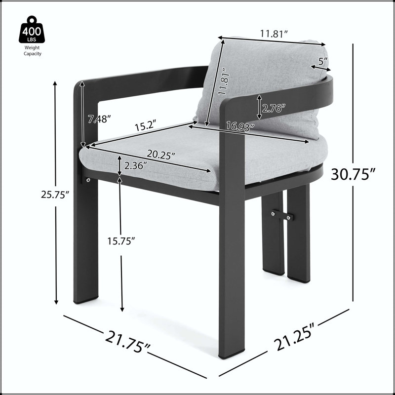 Chaise de salle à manger en aluminium avec structure noire et coussin gris (ensemble de 2)
