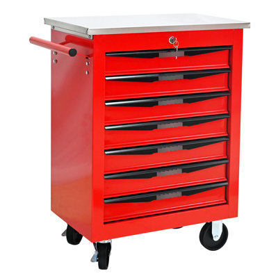 Multifunctional, 7 - Drawer, Tool Cart, Wheels, Stainless Steel Roof, Garage, Workshop, Red&Black Color, Universal Lock, One Side Pull Handle, Bearing Drawer Slides Drawers, Appearance, Warehouse,