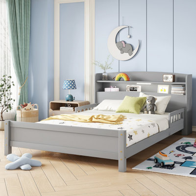 Full Pine Wood Bed With  Bookcase Headboard ,LED Motion Sensor Light, Bed Guardrails