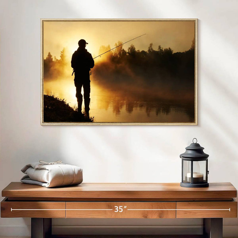 Pêche sur une berge brumeuse, Cadre flottant en bois naturel, 25 po x 17 po