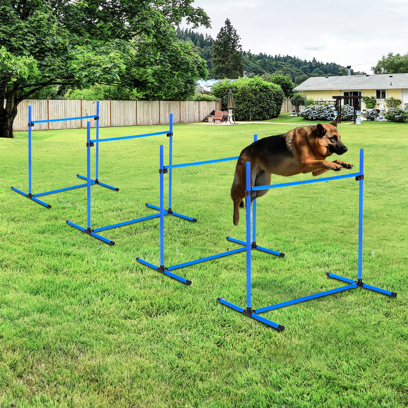 Ensemble 4 pièces de dressage d'agilité pour chien avec barres de saut réglables, barre inférieure fixe et sac de transport pour le jeu en plein air, bleu, hauteur de l'ensemble de 10,03 lb, sur toute surface, dimensions de L 39 po